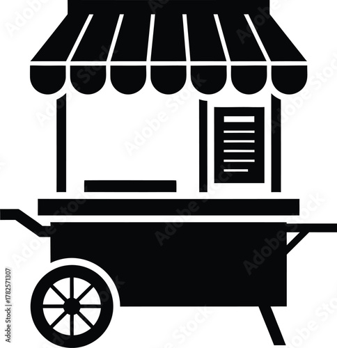 Black and white silhouette of a food cart with awning