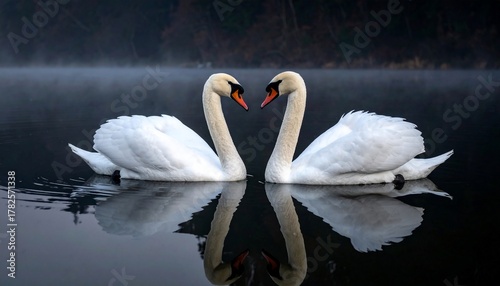 Fototapeta Naklejka Na Ścianę i Meble -  Two swans forming a heart shape reflected in the water, serene and romantic scene
