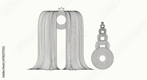 Linear Queen with Crown and Stacked Circles in Minimalist Black and White