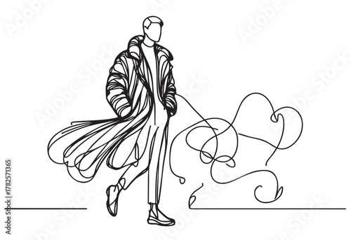 abstract line sketch fashion male in black down jacket on white background