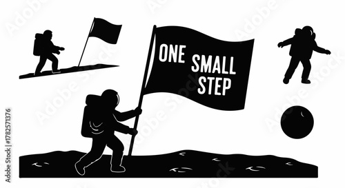 Astronaut plants flag with inspirational message on alien planet, symbolizing exploration and achievement