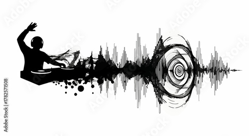 Energetic DJ mixing music with a vibrant sound wave graphic