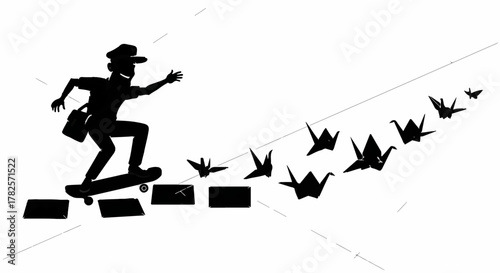 Silhouette of person on skateboard moving forward with origami cranes flying ahead