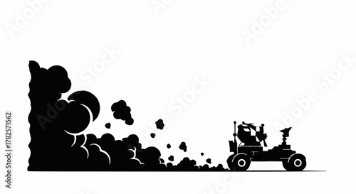 Small rover kicking up dust on a desolate surface, exploring the unknown.