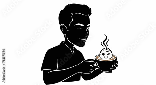 Man joyfully holding a steaming cup with a cute cartoon character peeking out