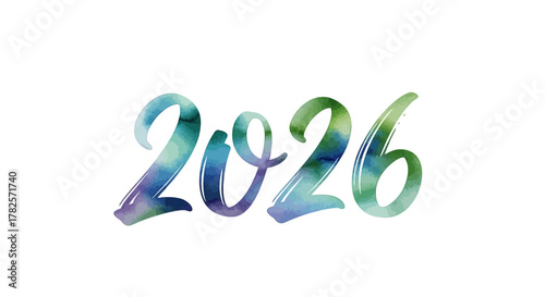 The year 2026 written in watercolor brush stroke style with gradient blue, purple, and green