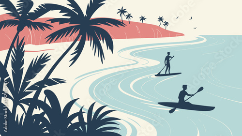 Tropical beach vacation with people kayaking and paddle boarding, enjoying summer water sports on the ocean coast, perfect for travel illustrations, tourism promotion