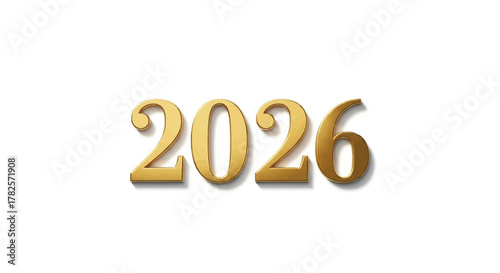Elegant golden 2026 number with subtle shadow effect, isolated on clean