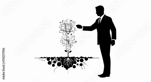 Businessman tending to a flourishing plant of knowledge and ideas, symbolizing growth and innovation.