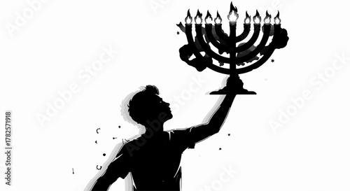 Silhouette of a young person holding a menorah with lit candles, celebrating.