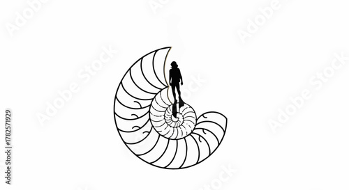 Silhouette of a person standing within a nautilus shell, symbolizing exploration and discovery.