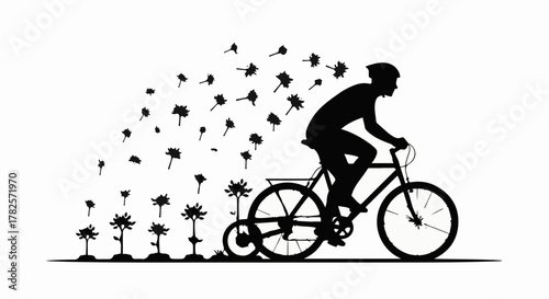 Cyclist rides through a field of growing flowers, symbolizing growth and motion