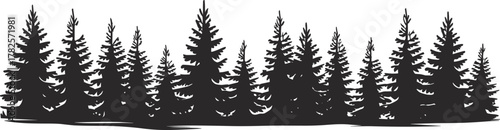 Flat vector silhouette of dense pine forest landscape, conifer trees, natural woodland scene, evergreen foliage, outdoor nature illustration, black graphic