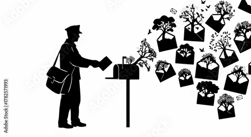 Postman delivering mail with envelopes blooming into trees, symbolizing nature and growth