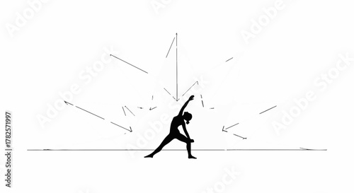 Silhouette of a person in a yoga pose, surrounded by radiating lines suggesting energy or focus