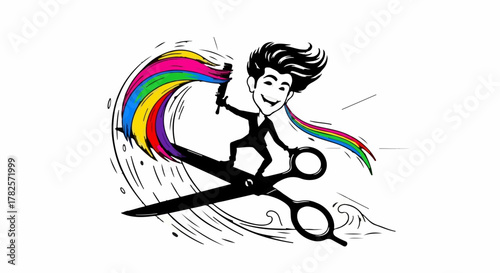 Creative artist surfing on scissors, painting a rainbow wave with vibrant colors