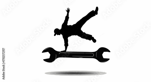 Silhouette of a skilled tradesperson balancing on a wrench, embodying precision and agility in their work.