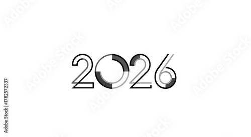 The year 2026 represented with modern, minimalist typographic design featuring geometric circles and lines in black and, isolated on