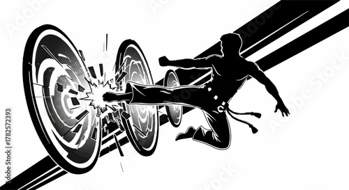 Dynamic silhouette of a martial artist performing a powerful kick through futuristic portals, symbolizing action and energy.