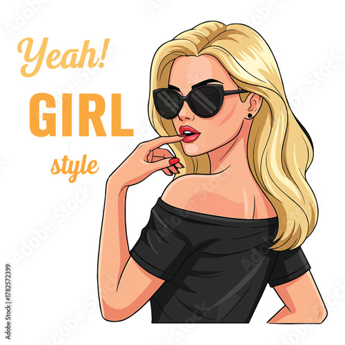 Stylish blonde woman with sunglasses and off the shoulder top exuding confidence and girl power vibe