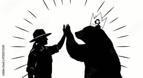 Person in hat gives high five to bear wearing a crown with recycling symbol