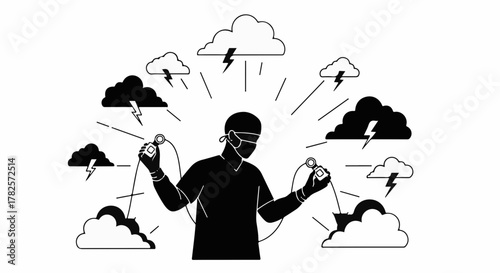 Person surrounded by stormy clouds trying to control them with VR controllers, symbolizing stress and challenges.