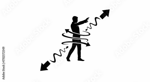 Silhouette of a person in motion, surrounded by swirling arrows and energy waves, representing dynamism and forward momentum.