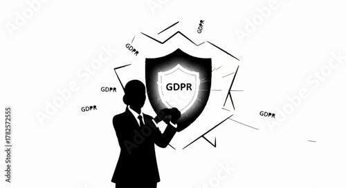 Silhouette man with binoculars observes glowing GDPR shield representing data protection