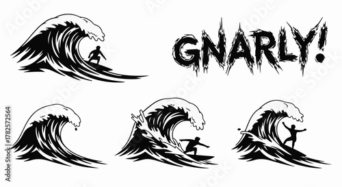 Surfer braves massive crashing wave with exhilarating energy and bold typography.