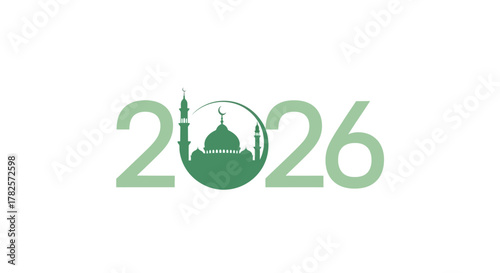Green numbers 2026 with mosque silhouette integrated into the number two