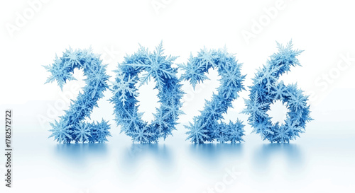 The number 2026 rendered in frosty, icy texture composed delicate blue snowflakes, creating wintery and cool aesthetic against clean
