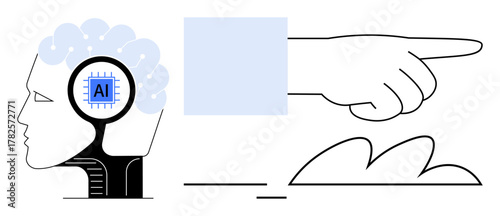 Photography Abstract illustration of a human head with AI chip, guiding hand pointing forward, and dynamic lines