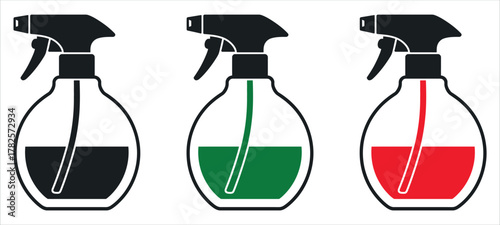 Vibrant spray bottles ready for cleaning, gardening, or crafting with versatile black, green, and red liquids offering solutions for various tasks