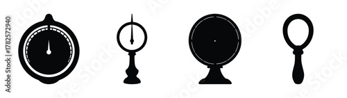Collection of scientific instruments including barometer gauge compass globe and magnifying glass icons