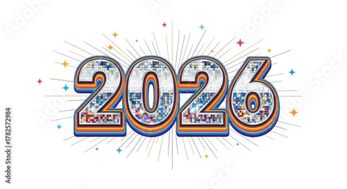 Colorful and festive 2026 text with fireworks and confetti, isolated on, celebrating the upcoming new year and future possibilities