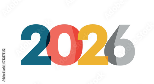 The year 2026 presented with each digit in distinct, bold, flat color block design teal, coral, yellow, and grey