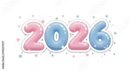 Pink and blue inflatable numbers 2026 with stars and sparkles