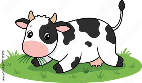 Cartoon cow on grass, cute farm animal, black white spots, playful pose, vector illustration, children content, nature, livestock design