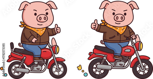 Cartoon pigs on motorcycles, biker outfit, animal characters, thumbs up, fun ride, animated style, pig bikers, playful illustration