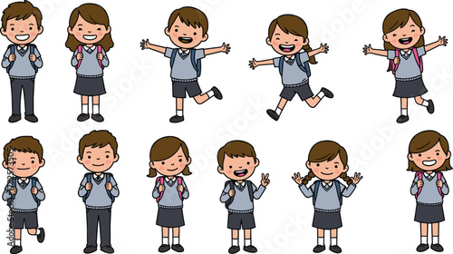 Cartoon school children, student group, uniform kids, educational illustration, classroom diversity, backpack pose, animated style, cheerful students, learning scene