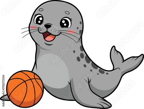 Cartoon seal illustration, playful marine animal, gray spotted body, smiling face, basketball interaction, children’s book art, educational wildlife drawing, fun character design