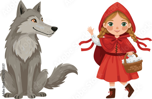 Little Red Riding Hood, cartoon wolf, fairy tale characters, children story, basket, red cloak, vector illustration, classic tale, forest scene