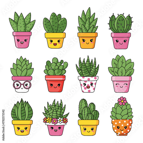 Collection of adorable kawaii potted succulents and cacti with cute happy faces in colorful planters