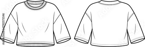 Blank cropped sweatshirt mockup front and back view, loose sleeve clothing template, fashion apparel design, clean garment illustration, editable vector layout