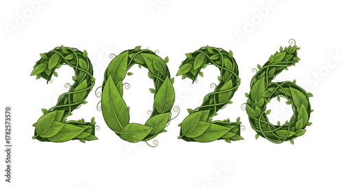 The year 2026 creatively formed from vibrant green leaves and vines, symbolizing growth and nature