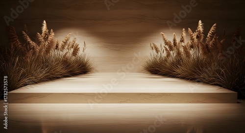 Empty desert-style product display platform with pampas grass on a textured background