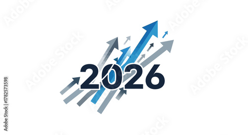 The year 2026 represented by bold digits surrounded by upwardpointing arrows symbolizing growth and progress