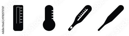 Collection of four black thermometer icons showing different styles and orientations for temperature measurement