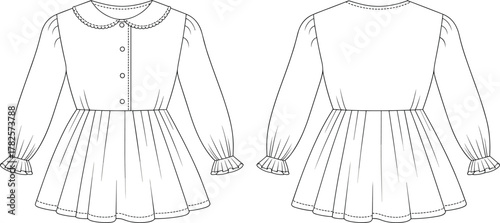 Blank long sleeve girl dress mockup front and back view, clothing design template, fashion garment illustration, children apparel outline, editable layout