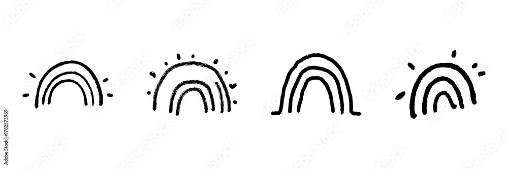 Naklejka premium Hand-Drawn Rainbow Line Icon Set In Doodle Style. Symbol Of Hope, Positivity, And Diversity Outline Sketch Collection. Whimsical And Playful Design. Hand Drawn Isolated Vector Illustration